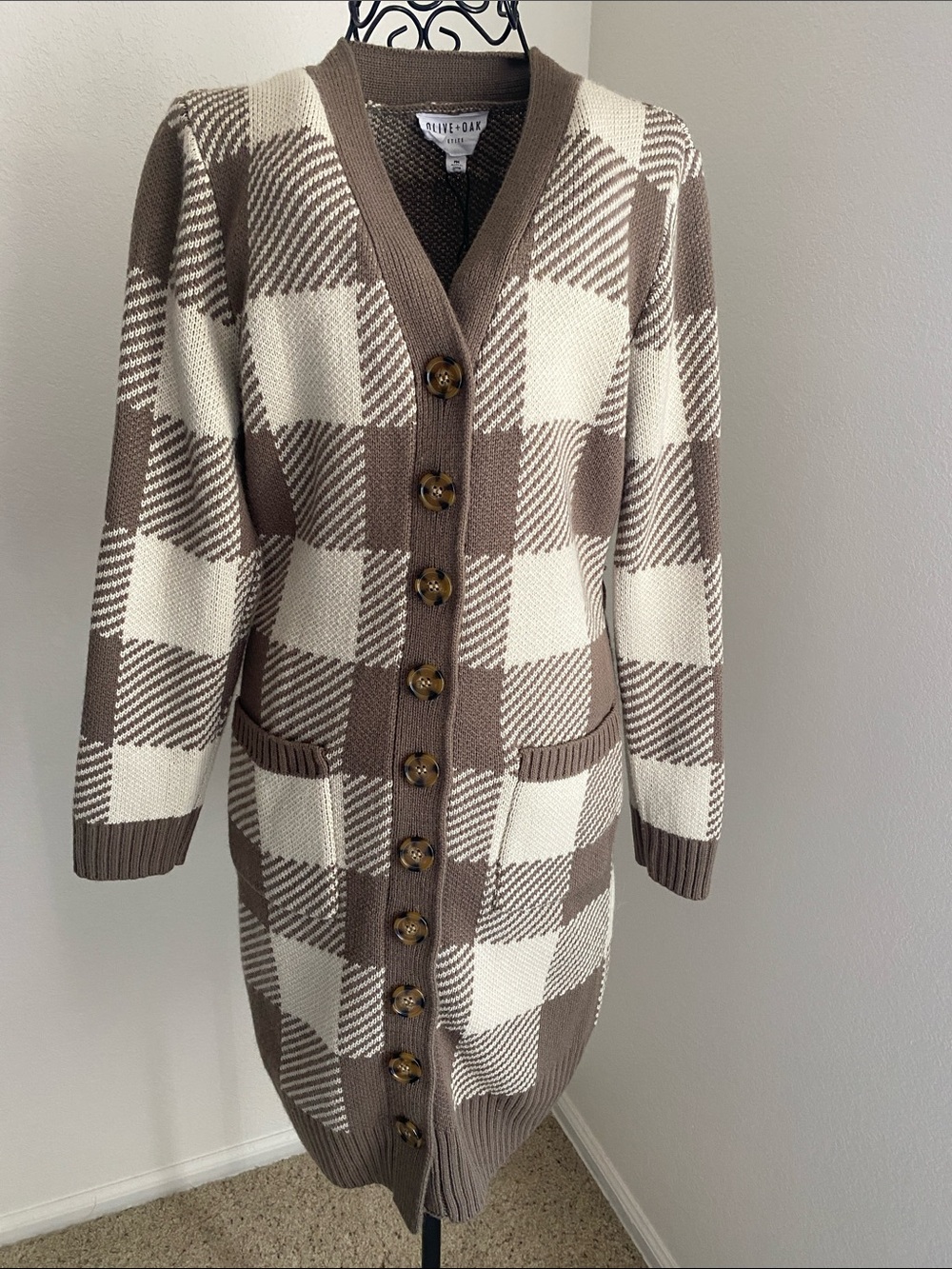 Piete Olive & Oak Cream and Brown Check Plaid Long Cardigan